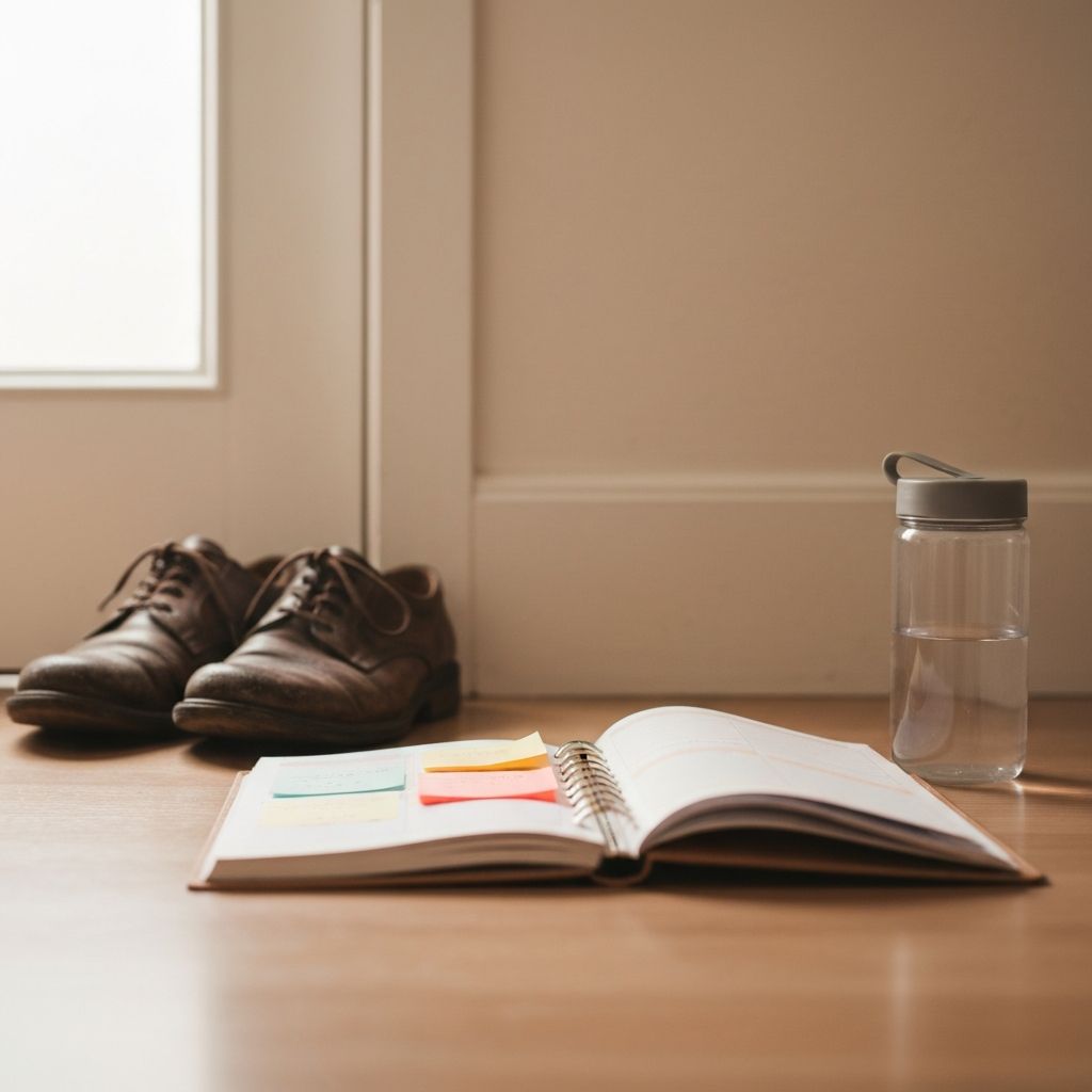 Everyday objects including shoes, planner and water bottle